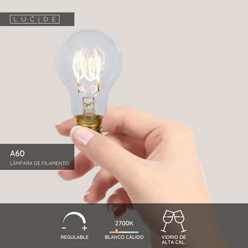 Lucide A60 - Lámpara de filamento - Ø 6 cm - LED Regul. - E27 - 1x4,9W 2700K - Transparente - USP